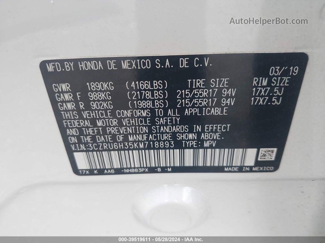 2019 Honda Hr-v Lx White vin: 3CZRU6H35KM718893