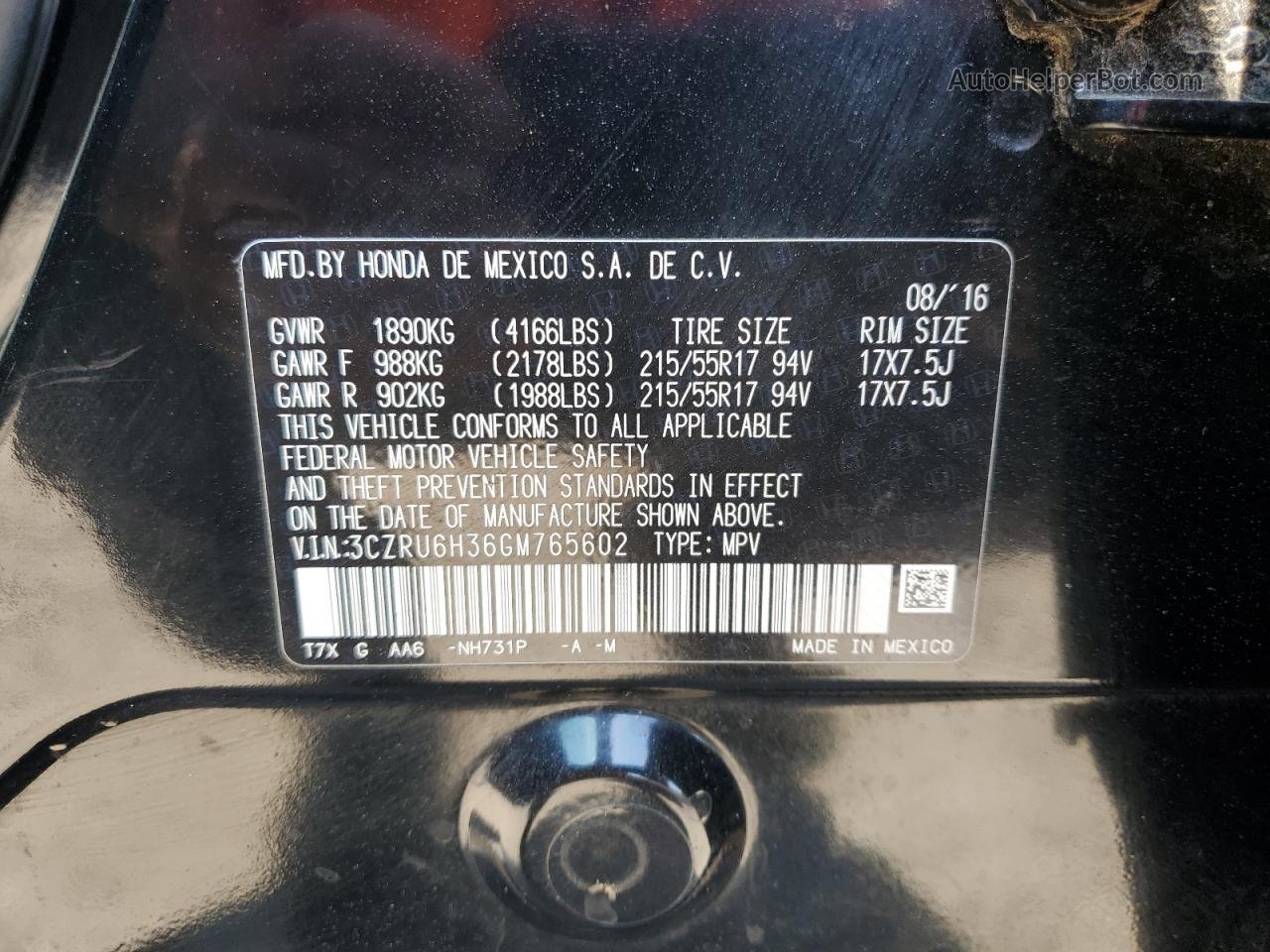 2016 Honda Hr-v Lx Black vin: 3CZRU6H36GM765602