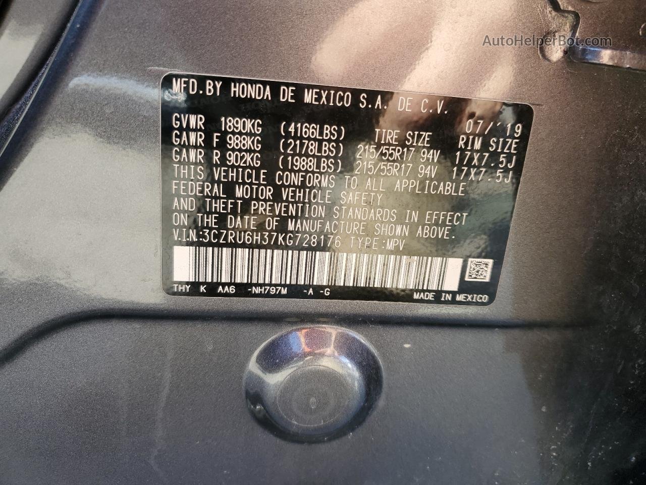 2019 Honda Hr-v Lx Gray vin: 3CZRU6H37KG728176