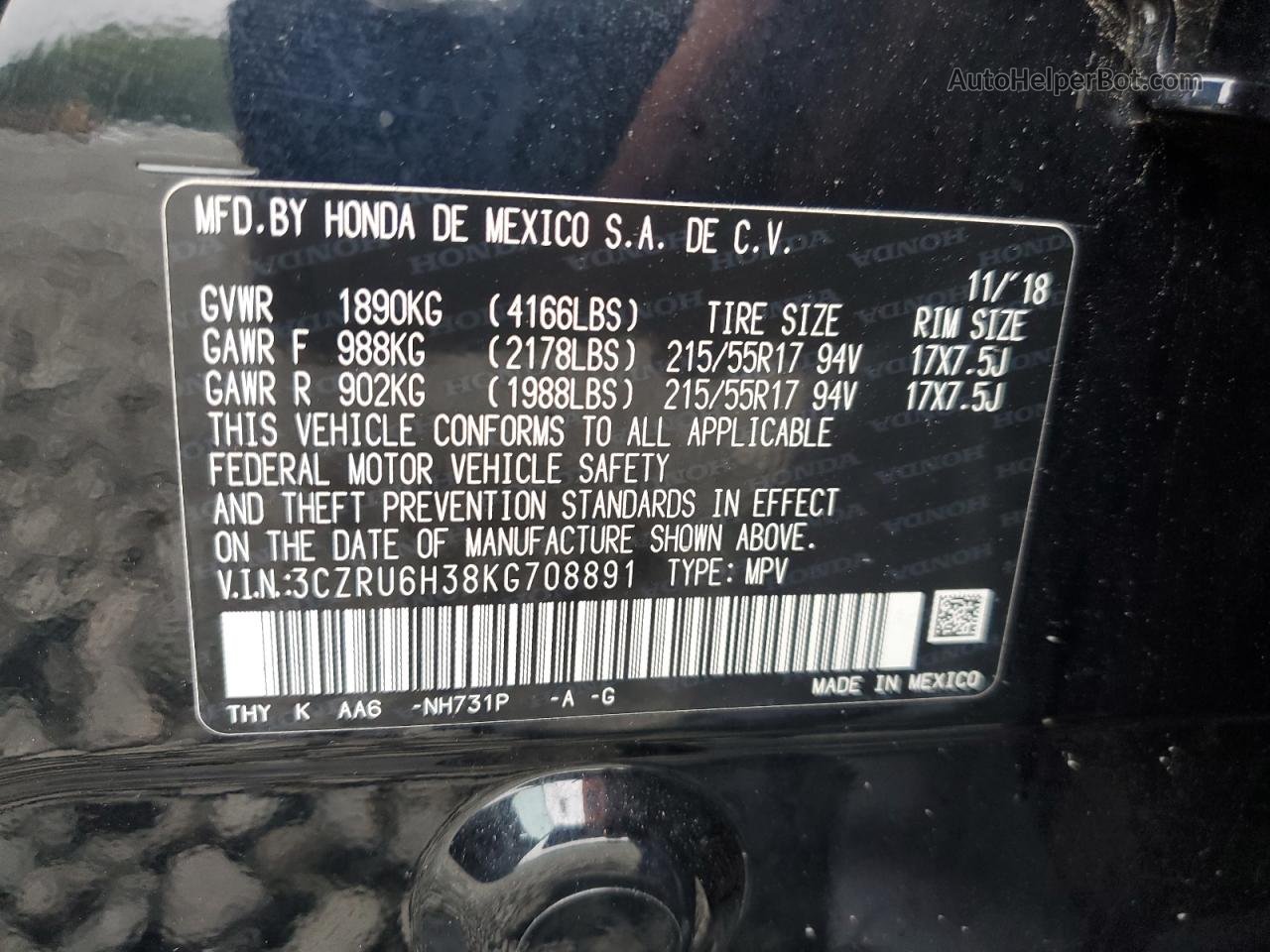 2019 Honda Hr-v Lx Black vin: 3CZRU6H38KG708891