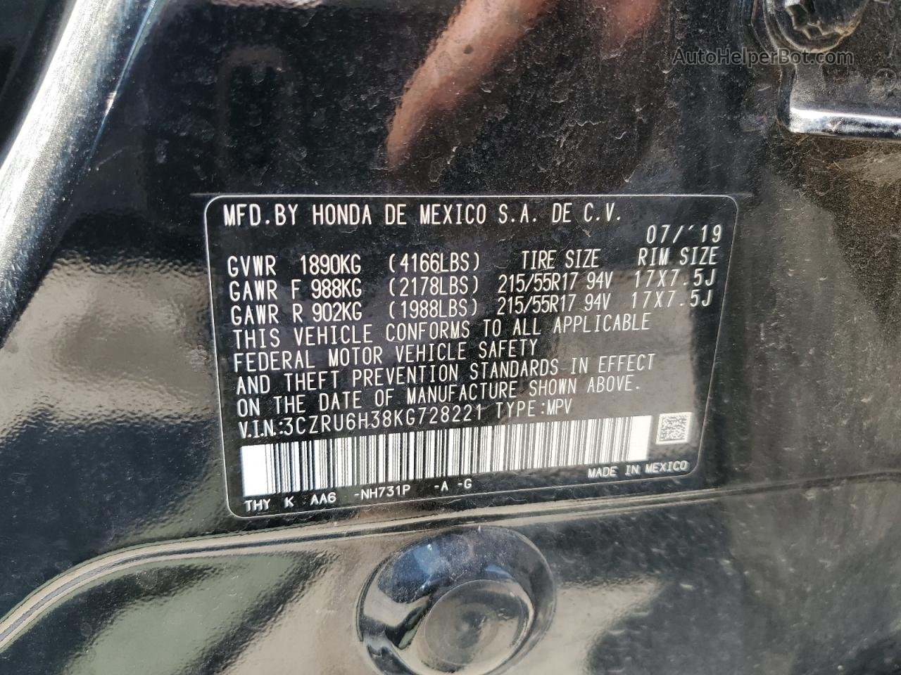 2019 Honda Hr-v Lx Black vin: 3CZRU6H38KG728221