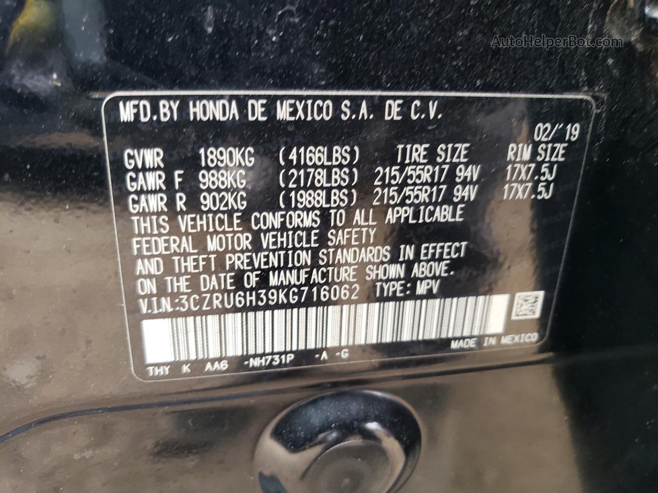 2019 Honda Hr-v Lx Black vin: 3CZRU6H39KG716062
