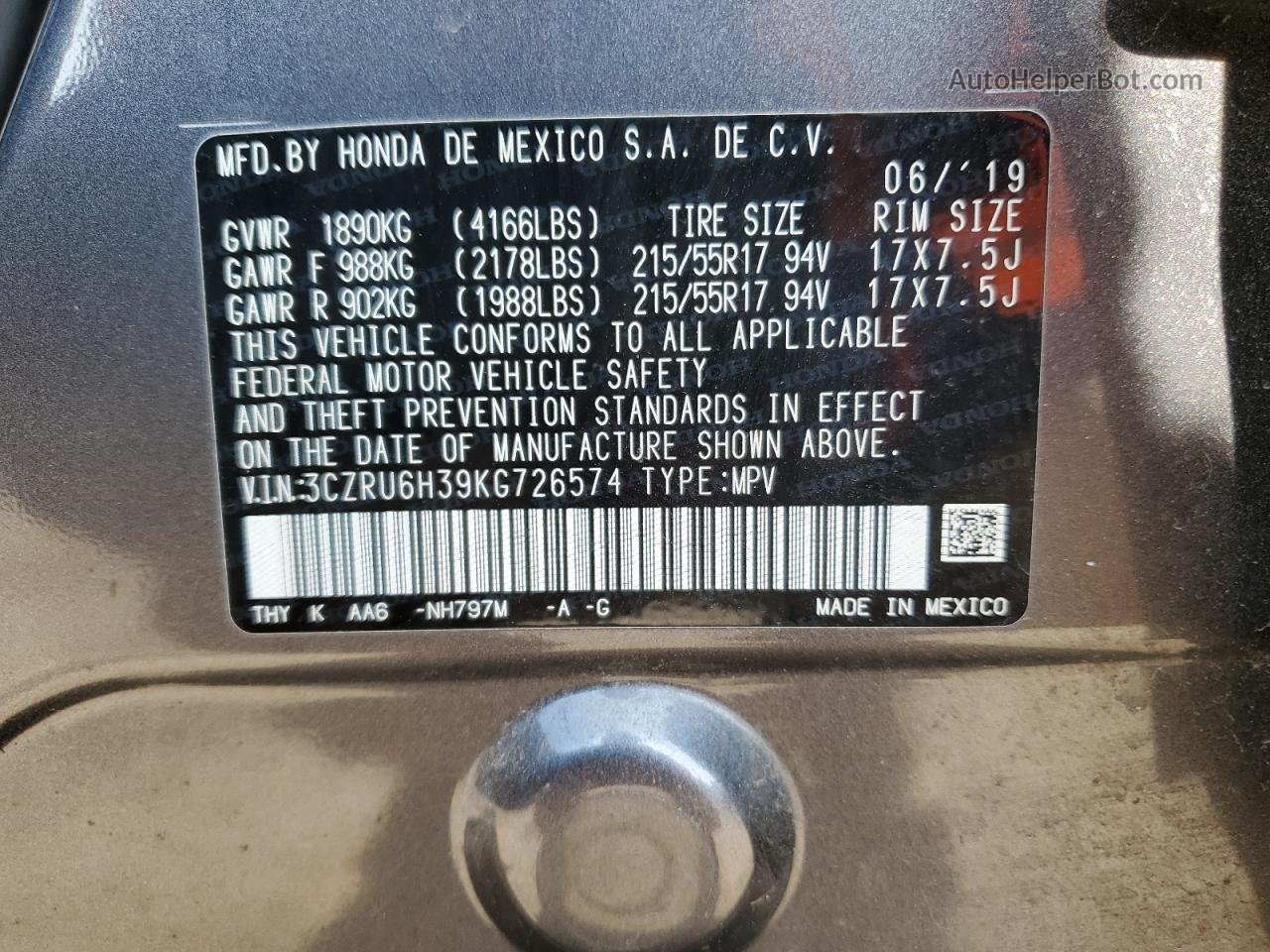 2019 Honda Hr-v Lx Серый vin: 3CZRU6H39KG726574