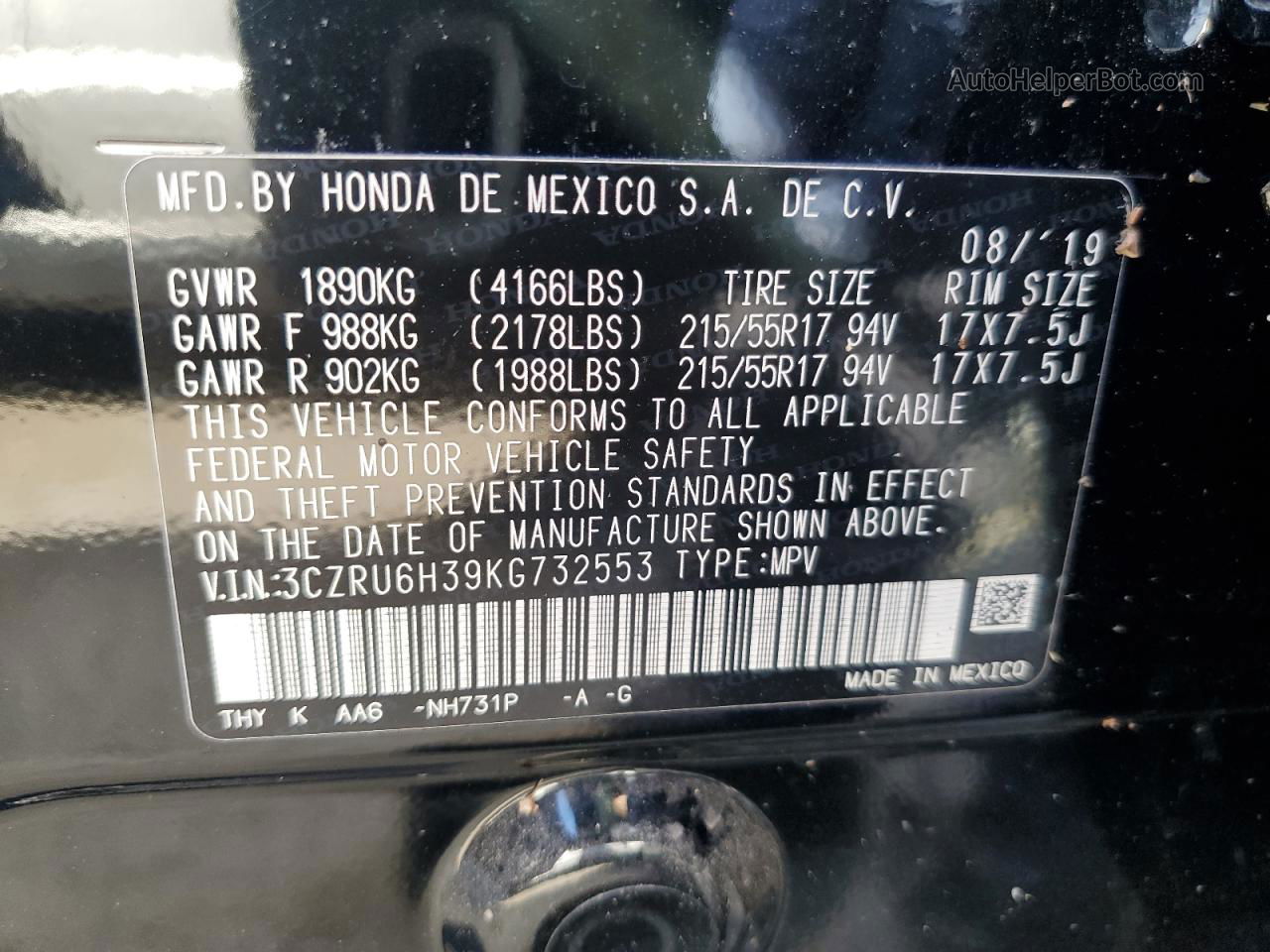 2019 Honda Hr-v Lx Black vin: 3CZRU6H39KG732553