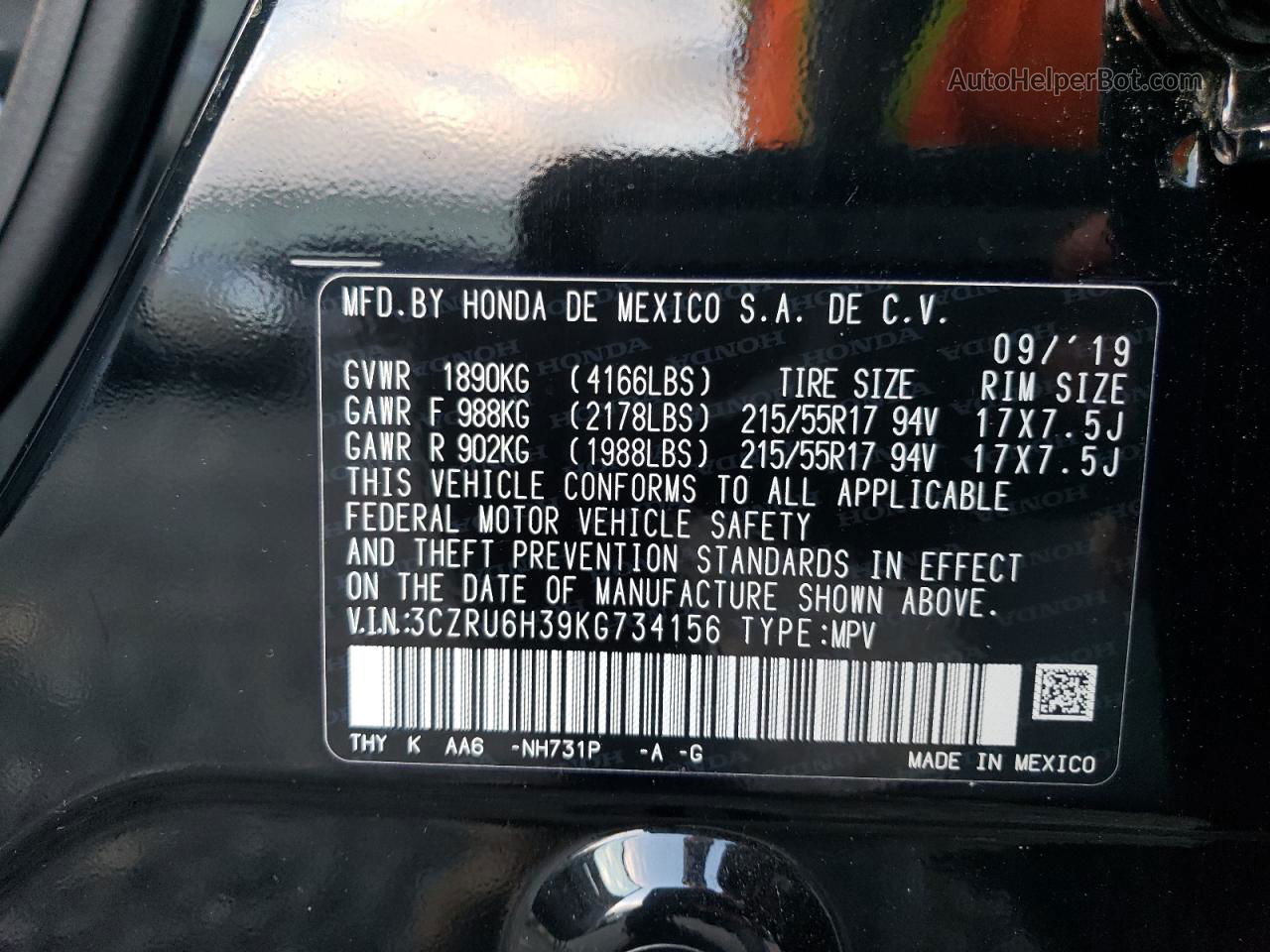 2019 Honda Hr-v Lx Black vin: 3CZRU6H39KG734156