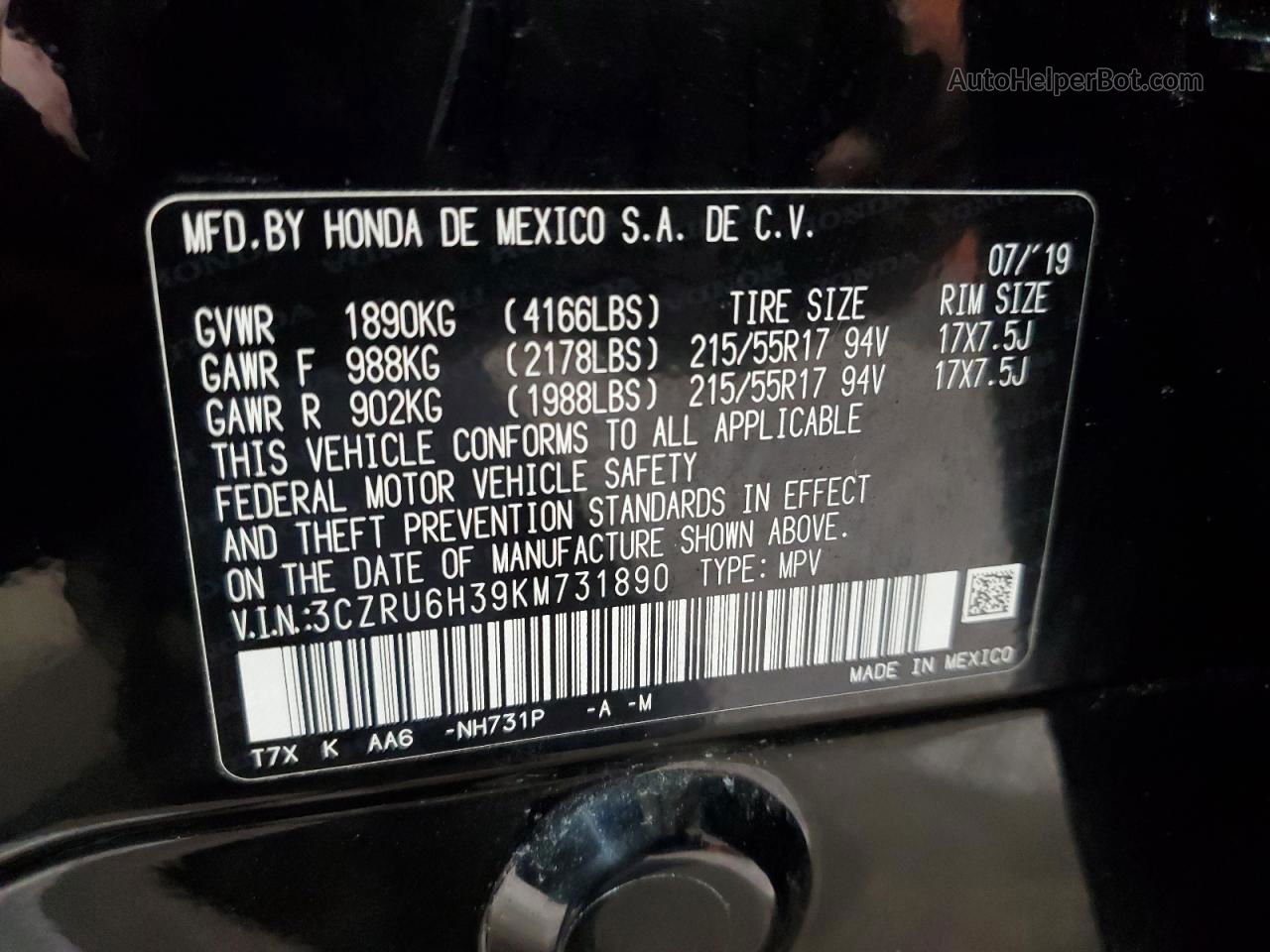 2019 Honda Hr-v Lx Black vin: 3CZRU6H39KM731890