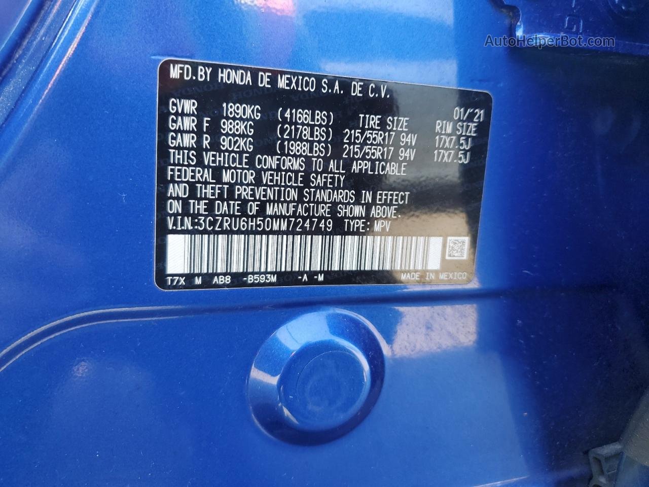 2021 Honda Hr-v Ex Blue vin: 3CZRU6H50MM724749