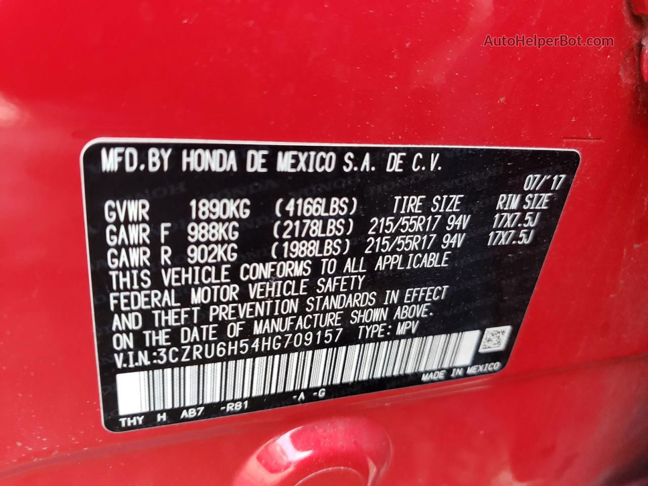 2017 Honda Hr-v Ex Red vin: 3CZRU6H54HG709157