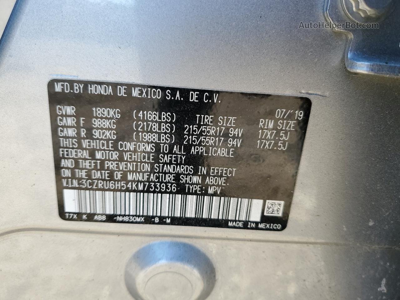 2019 Honda Hr-v Ex Silver vin: 3CZRU6H54KM733936