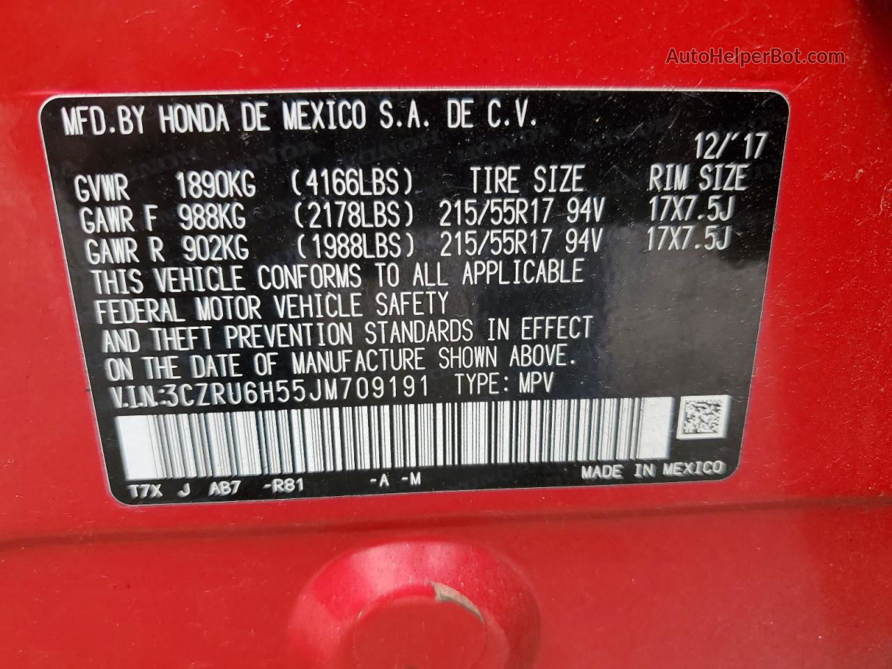 2018 Honda Hr-v Ex Red vin: 3CZRU6H55JM709191