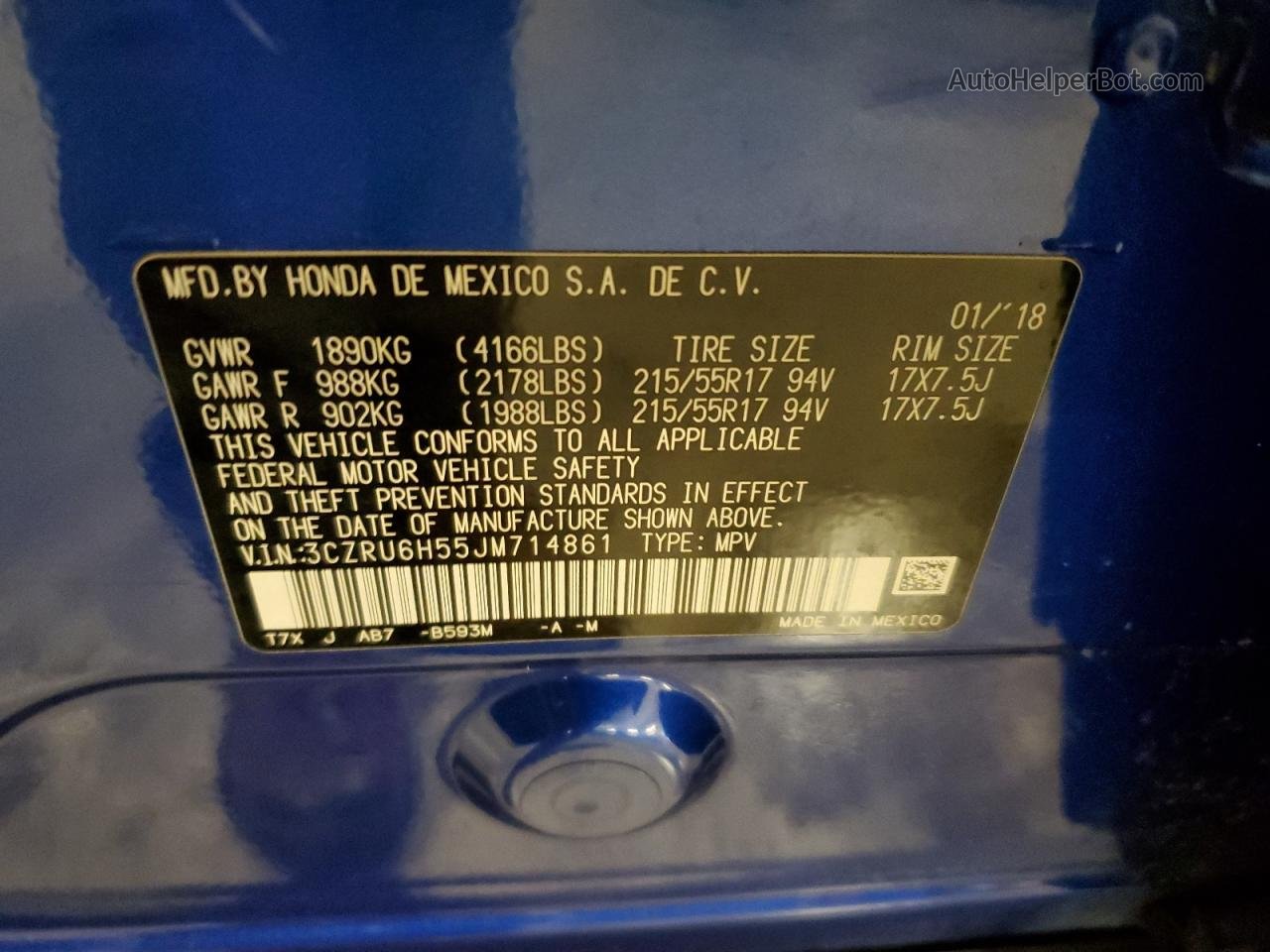 2018 Honda Hr-v Ex Blue vin: 3CZRU6H55JM714861