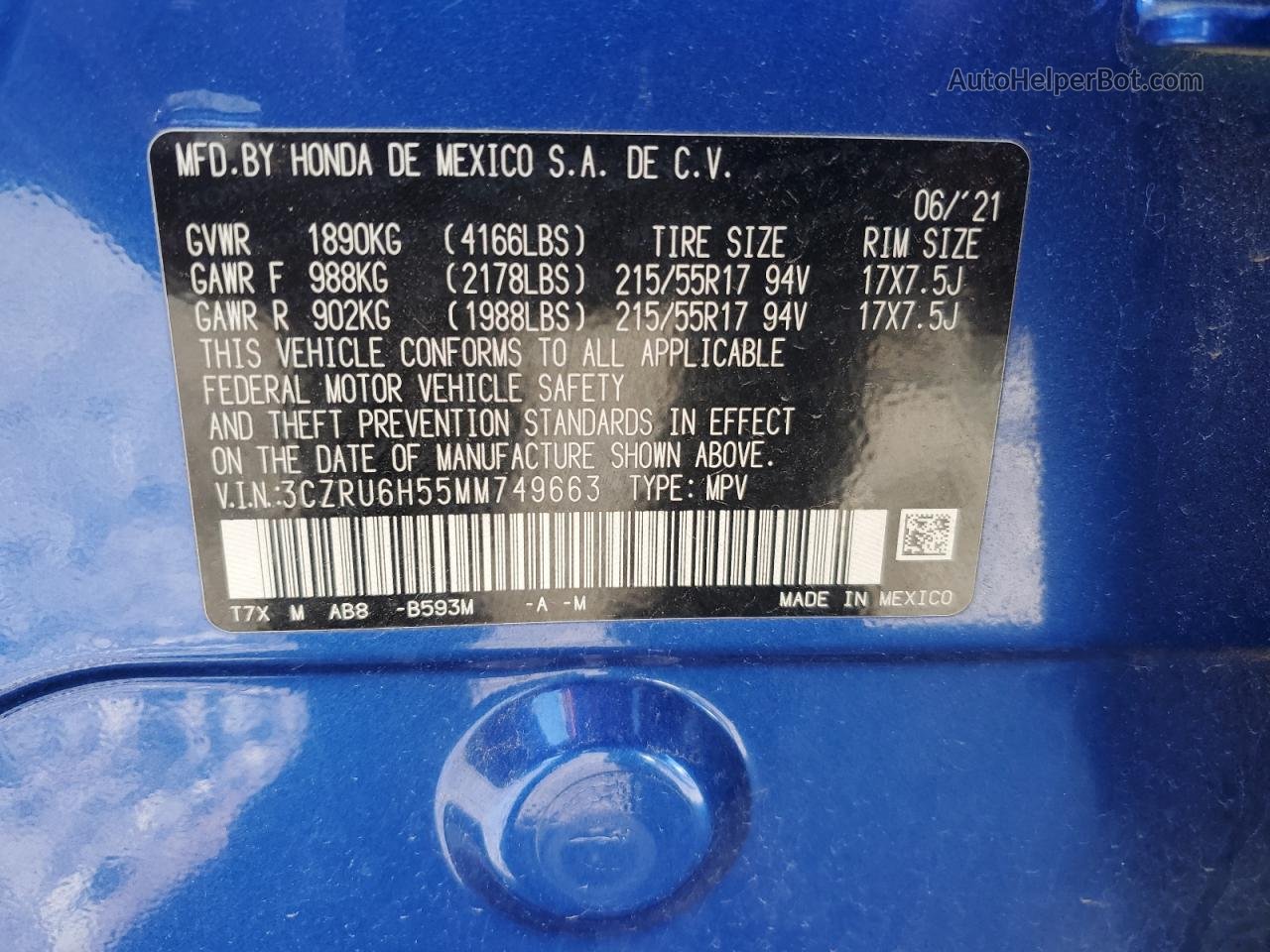 2021 Honda Hr-v Ex Blue vin: 3CZRU6H55MM749663