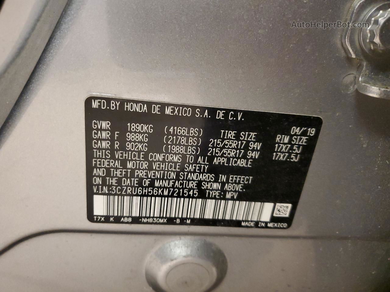 2019 Honda Hr-v Ex Silver vin: 3CZRU6H56KM721545