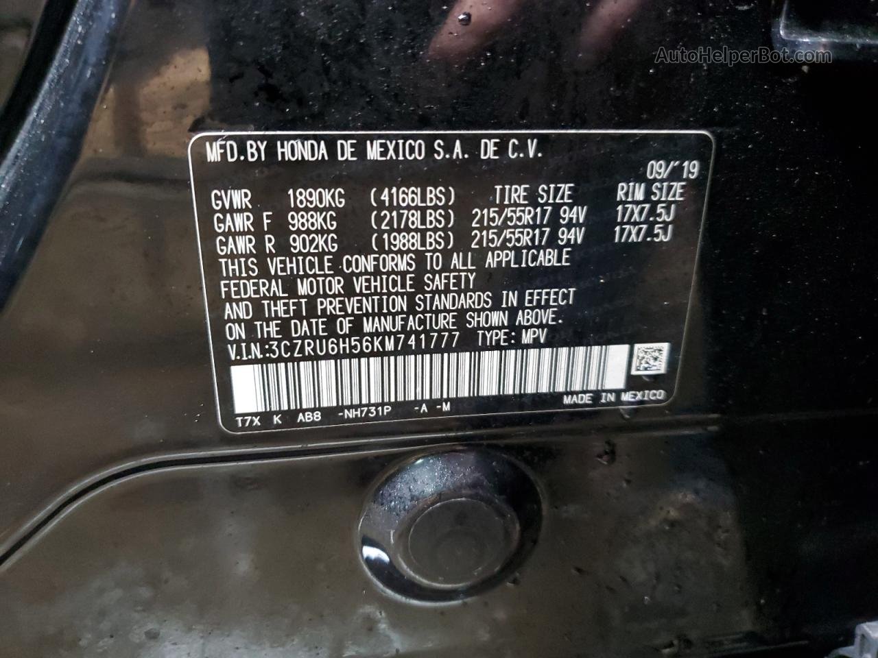 2019 Honda Hr-v Ex Black vin: 3CZRU6H56KM741777