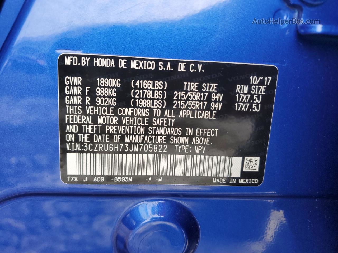 2018 Honda Hr-v Exl Blue vin: 3CZRU6H73JM705822