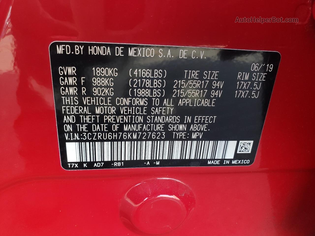 2019 Honda Hr-v Exl Red vin: 3CZRU6H76KM727623