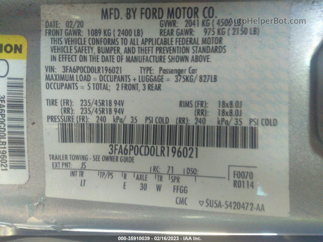 2020 Ford Fusion Sel Серебряный vin: 3FA6P0CD0LR196021