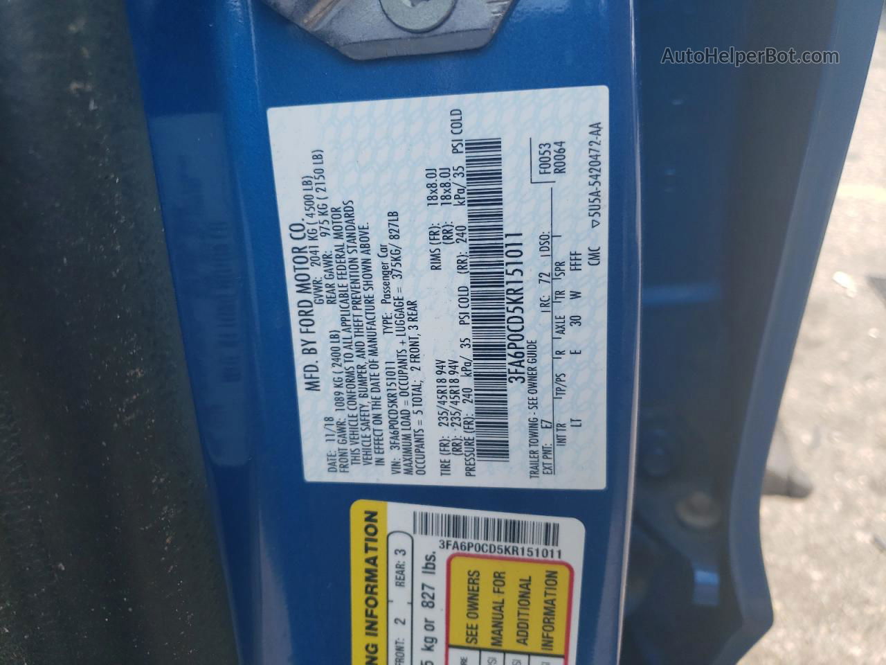 2019 Ford Fusion Sel Blue vin: 3FA6P0CD5KR151011