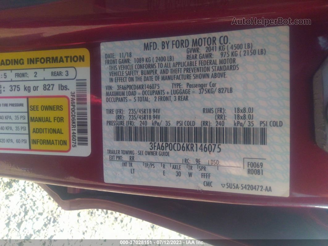 2019 Ford Fusion Sel Red vin: 3FA6P0CD6KR146075