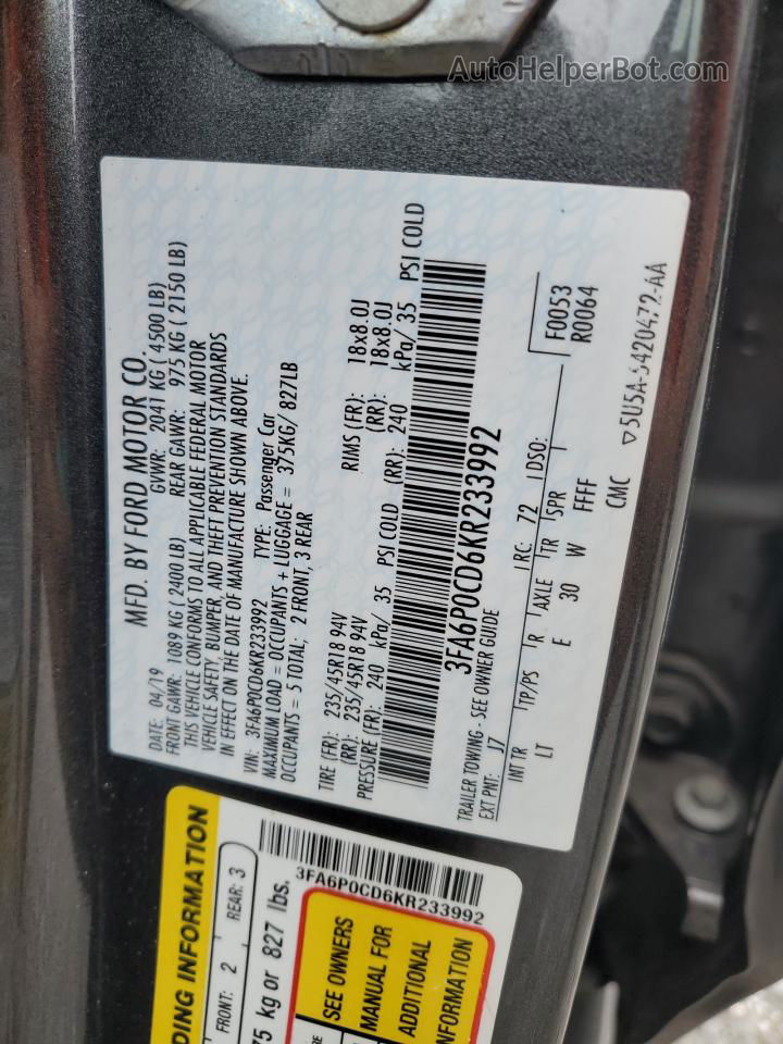 2019 Ford Fusion Sel Gray vin: 3FA6P0CD6KR233992