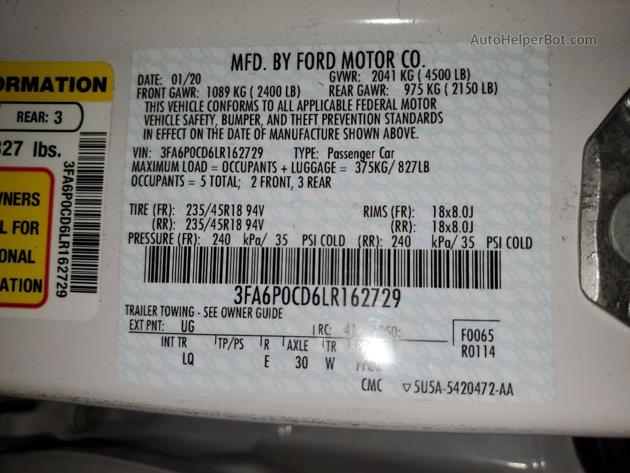 2020 Ford Fusion Sel White vin: 3FA6P0CD6LR162729