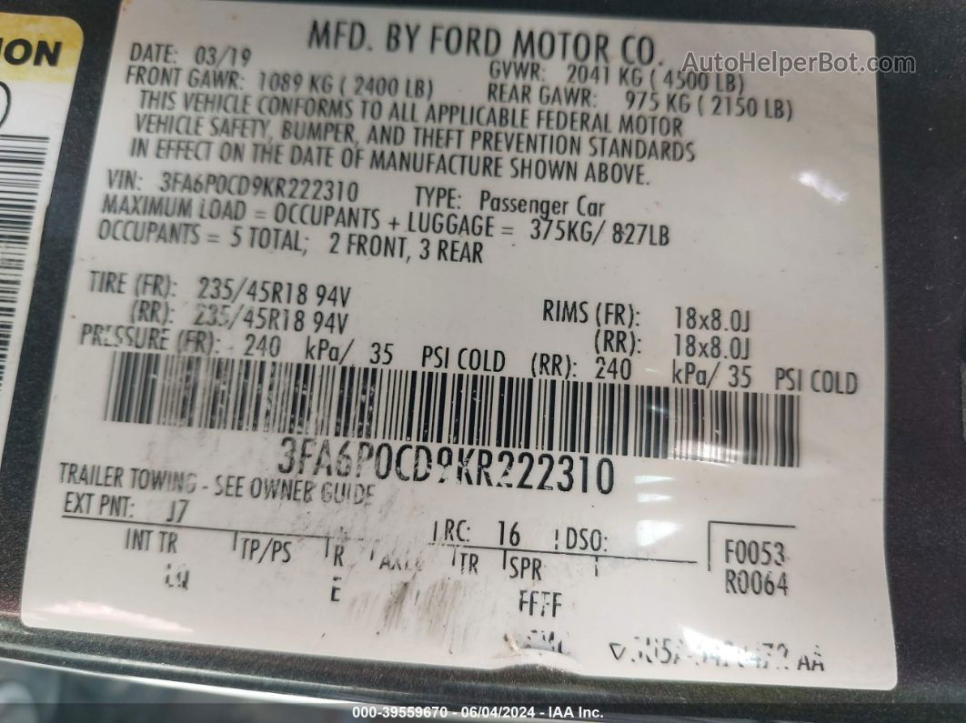 2019 Ford Fusion Sel Gray vin: 3FA6P0CD9KR222310