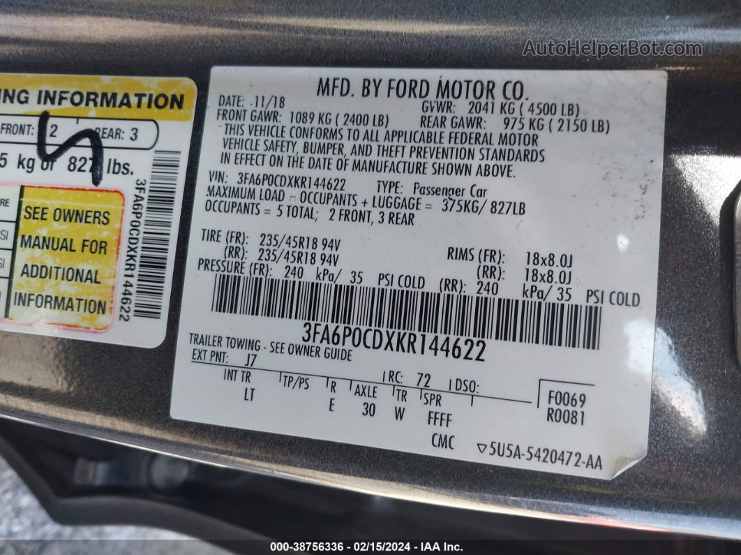 2019 Ford Fusion Sel Gray vin: 3FA6P0CDXKR144622