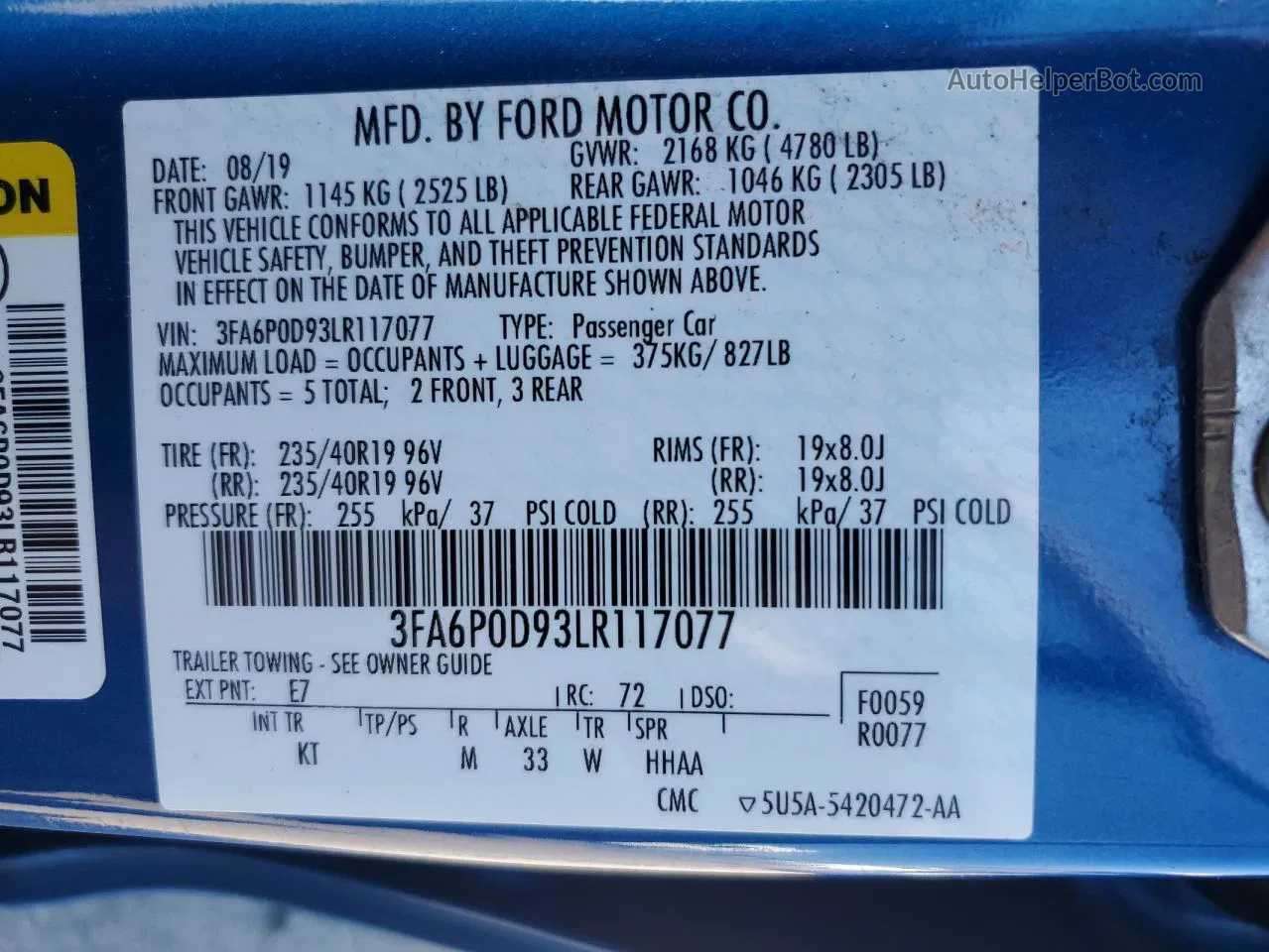 2020 Ford Fusion Titanium Blue vin: 3FA6P0D93LR117077