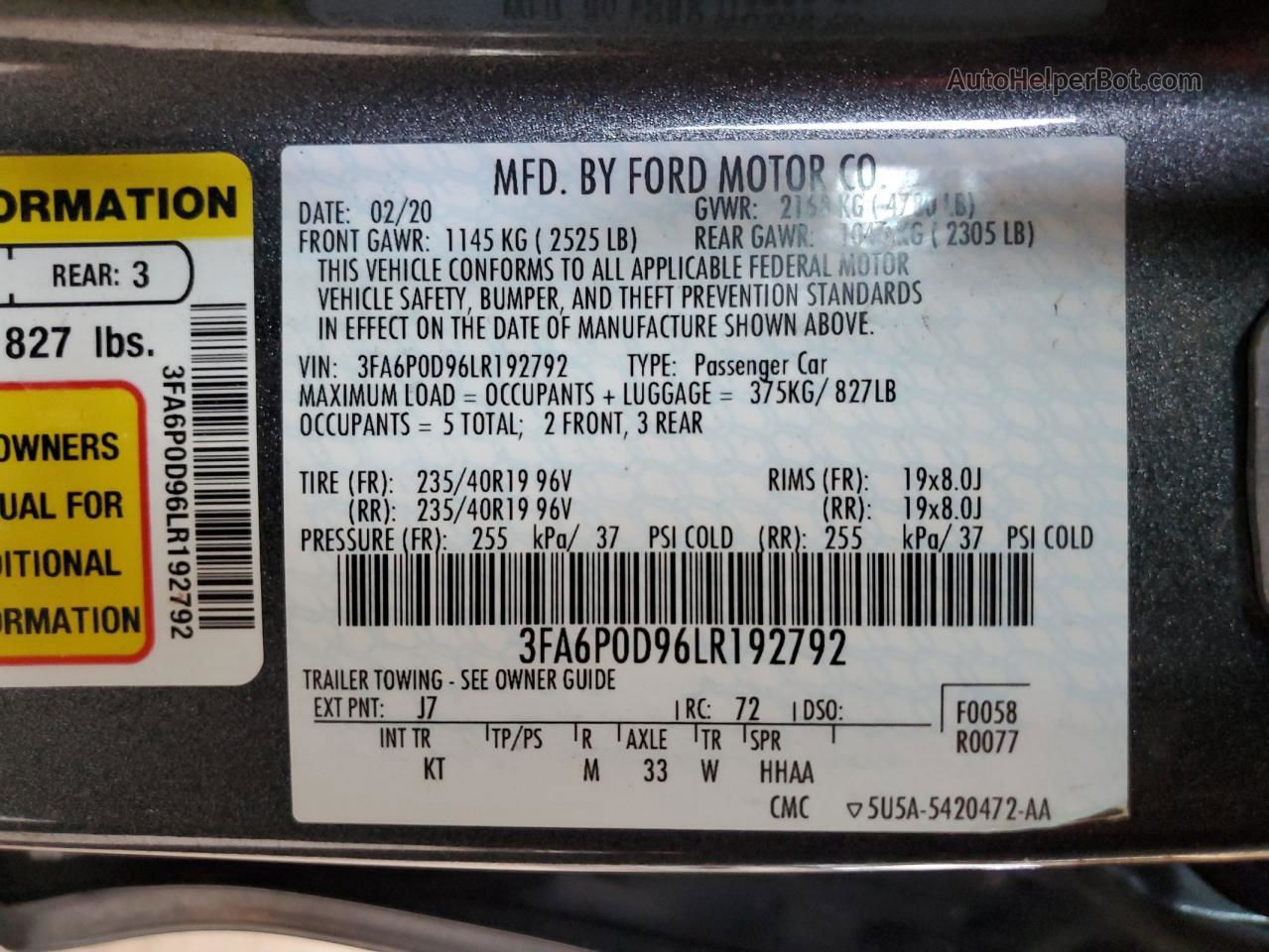 2020 Ford Fusion Titanium Серый vin: 3FA6P0D96LR192792