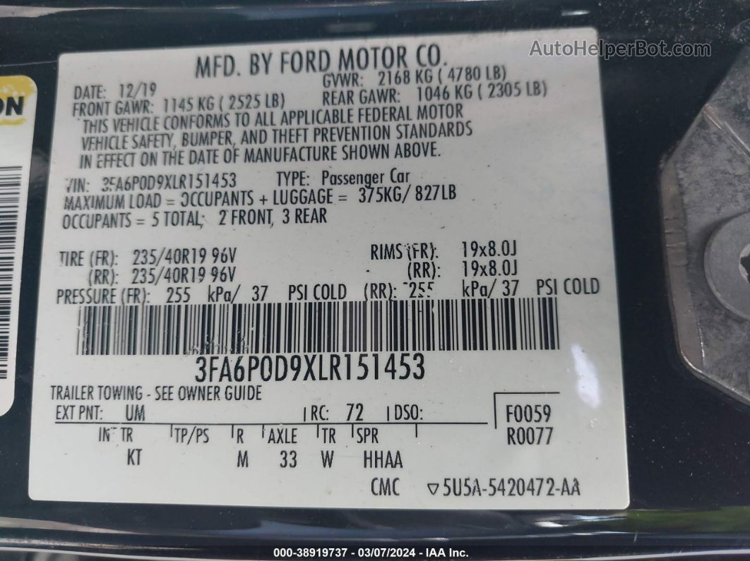 2020 Ford Fusion Titanium Black vin: 3FA6P0D9XLR151453