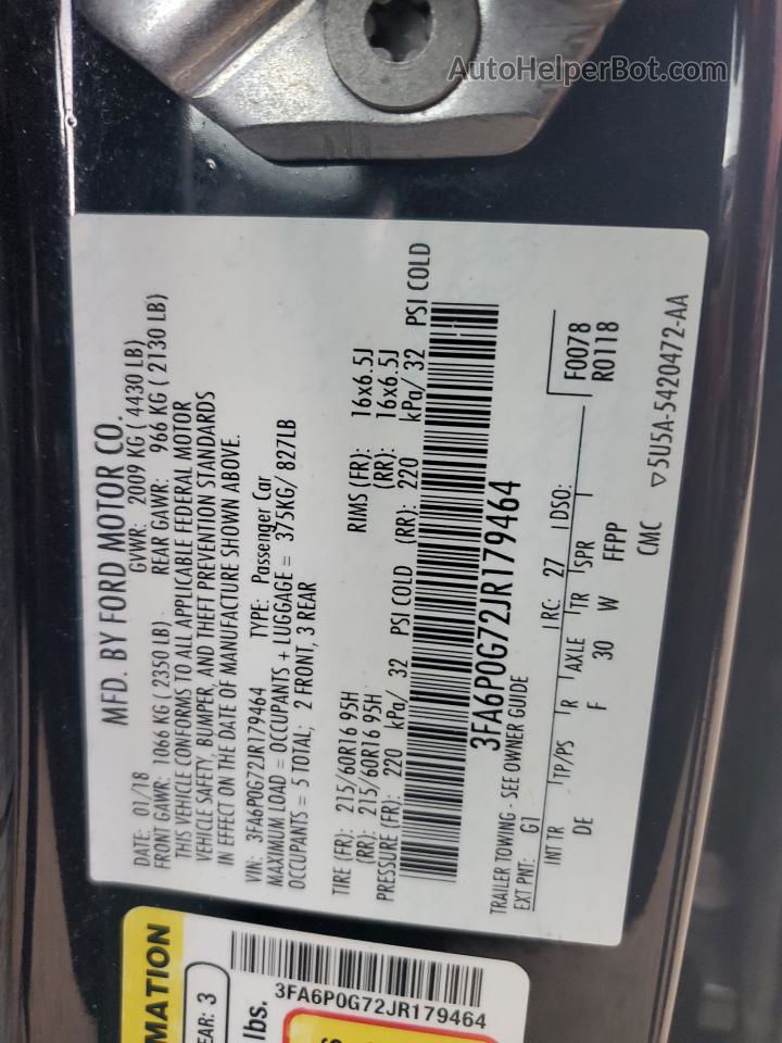 2018 Ford Fusion S Black vin: 3FA6P0G72JR179464