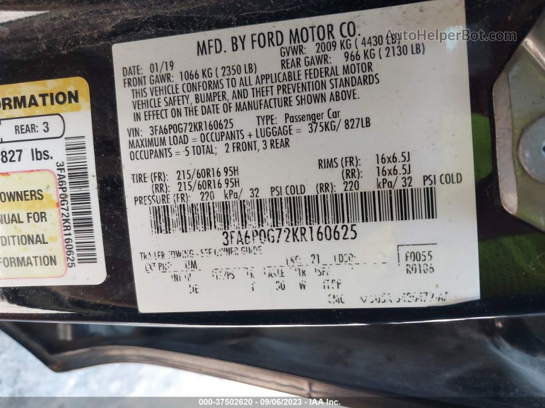 2019 Ford Fusion S Black vin: 3FA6P0G72KR160625