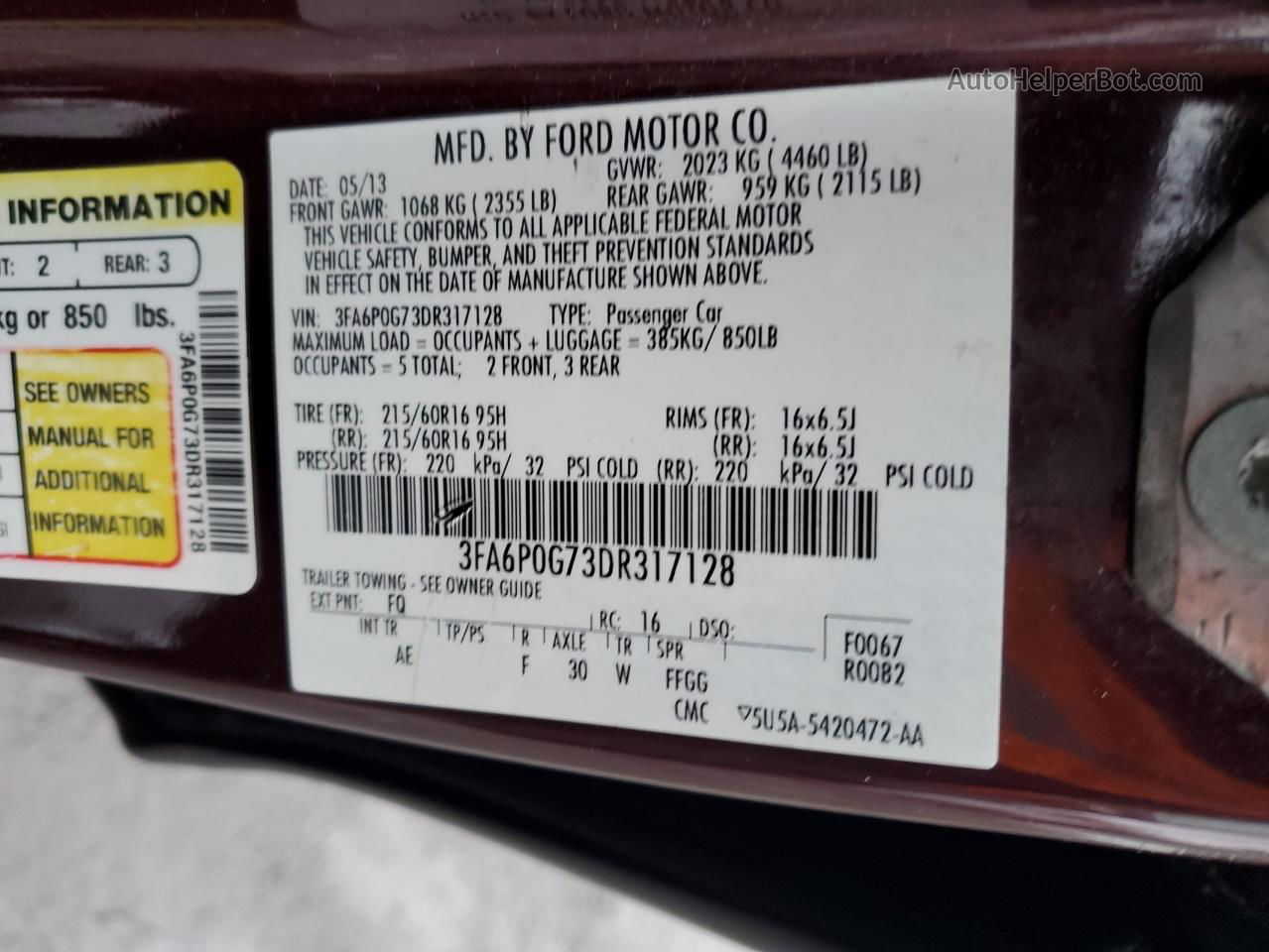 2013 Ford Fusion S Burgundy vin: 3FA6P0G73DR317128