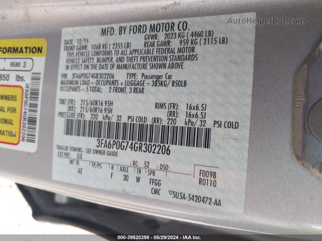 2016 Ford Fusion S Silver vin: 3FA6P0G74GR302206
