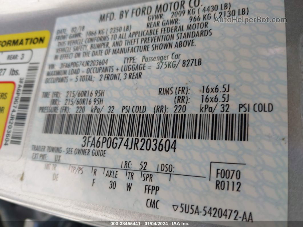 2018 Ford Fusion S Silver vin: 3FA6P0G74JR203604