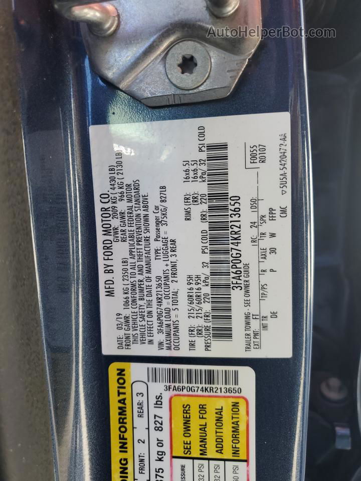 2019 Ford Fusion S Синий vin: 3FA6P0G74KR213650