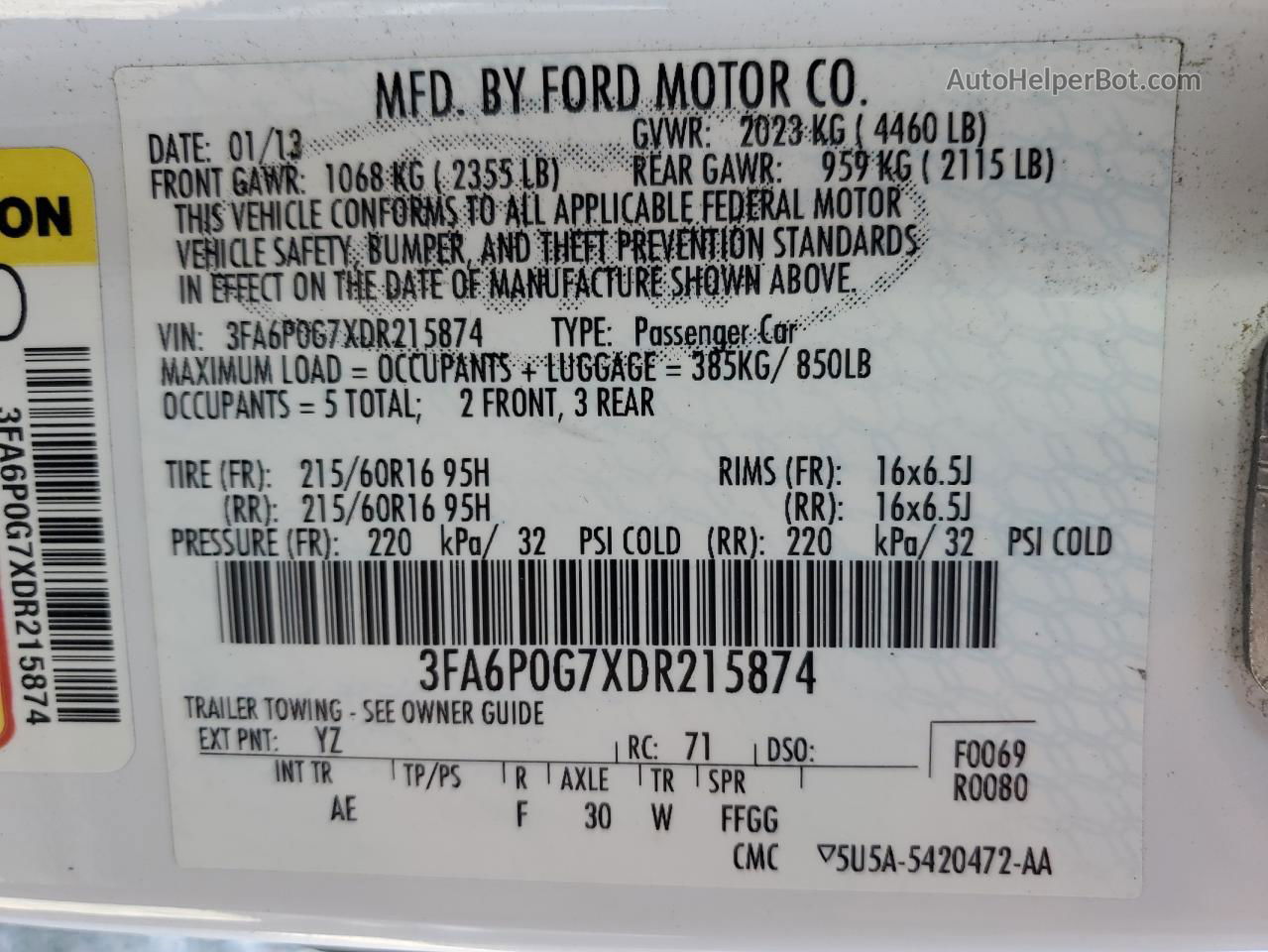 2013 Ford Fusion S White vin: 3FA6P0G7XDR215874