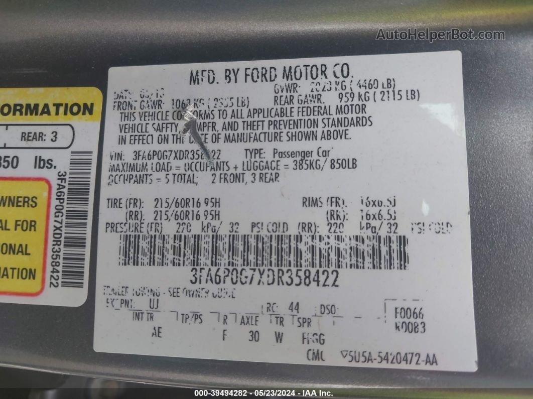 2013 Ford Fusion S Серый vin: 3FA6P0G7XDR358422