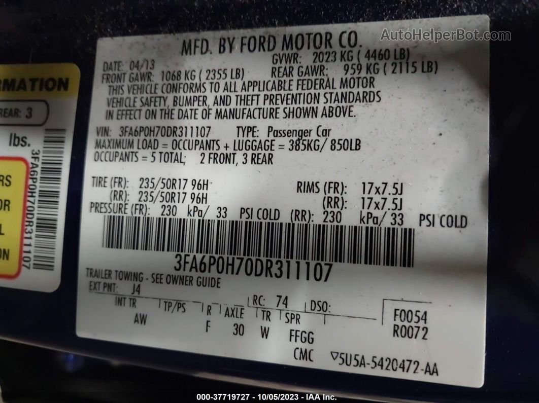 2013 Ford Fusion Se Blue vin: 3FA6P0H70DR311107