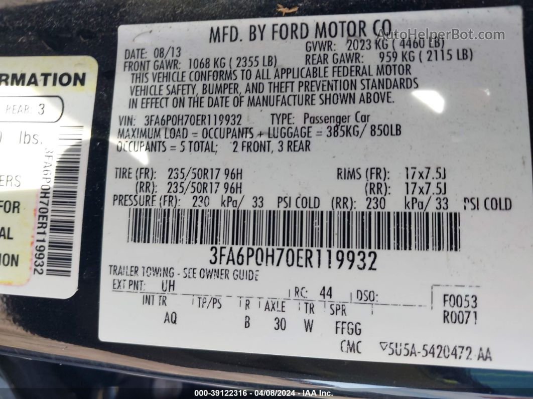 2014 Ford Fusion Se Черный vin: 3FA6P0H70ER119932