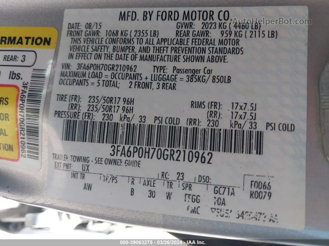 2016 Ford Fusion Se Silver vin: 3FA6P0H70GR210962