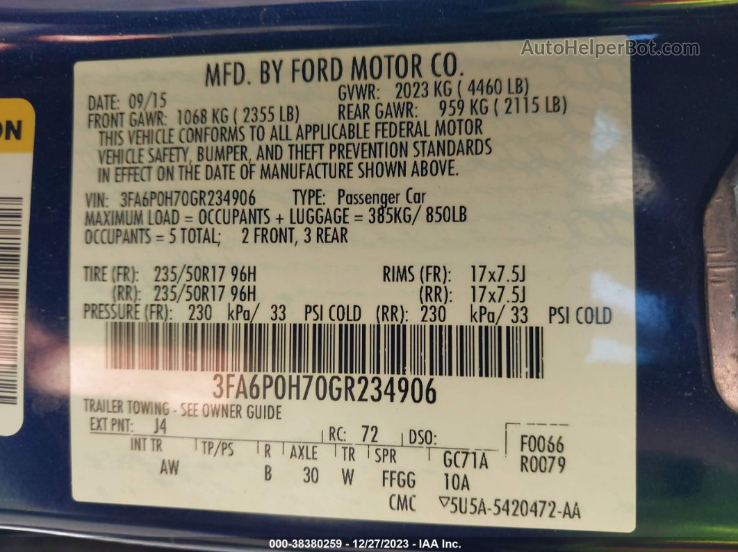 2016 Ford Fusion Se Blue vin: 3FA6P0H70GR234906