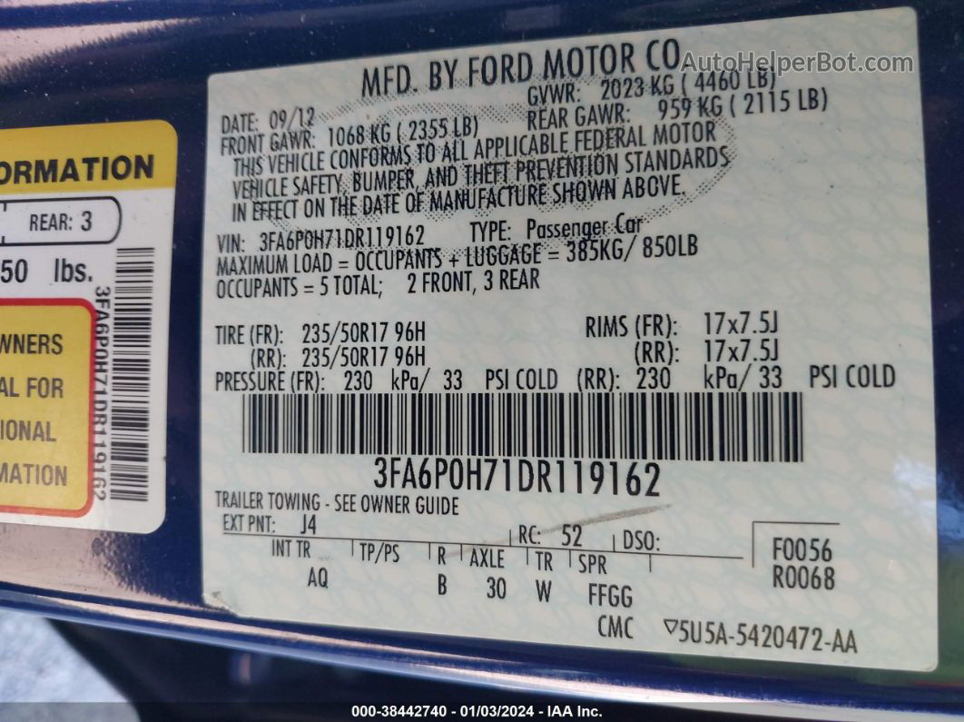 2013 Ford Fusion Se Blue vin: 3FA6P0H71DR119162