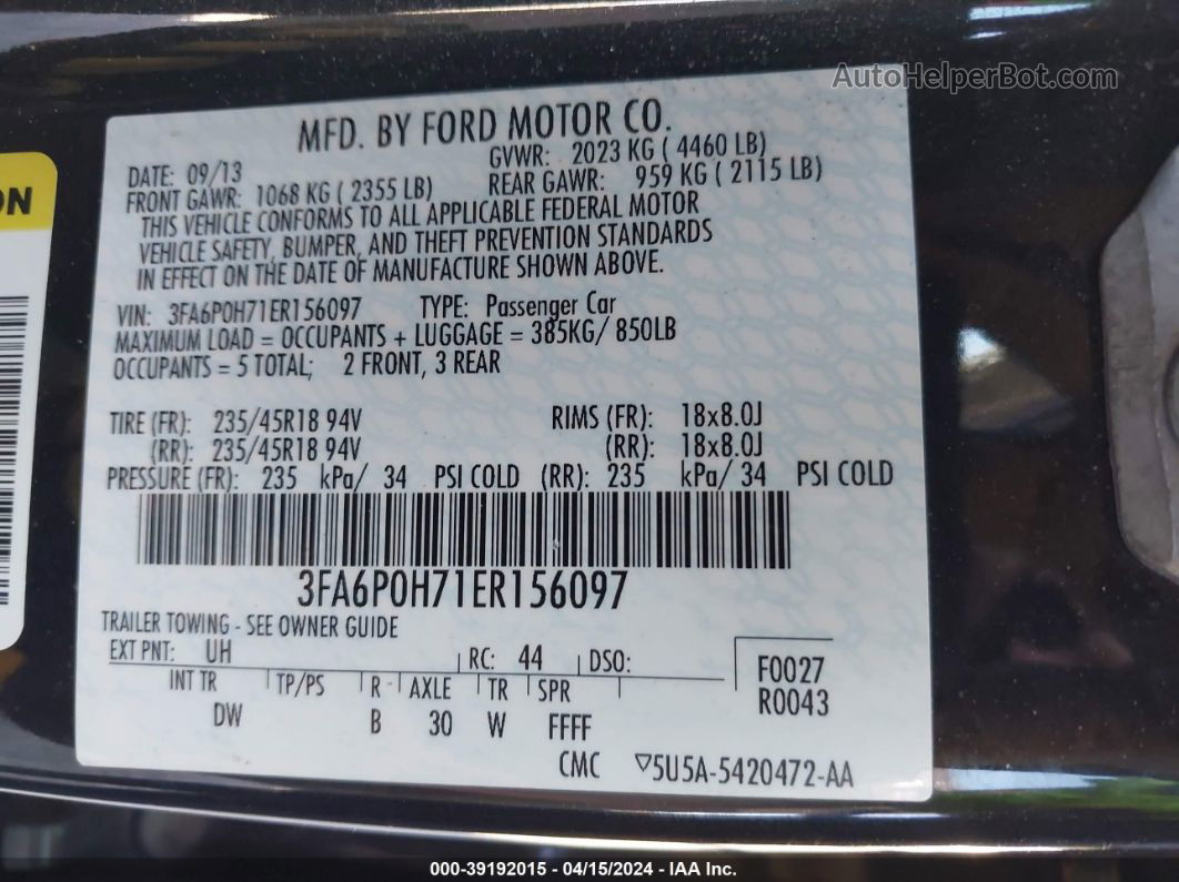 2014 Ford Fusion Se Black vin: 3FA6P0H71ER156097