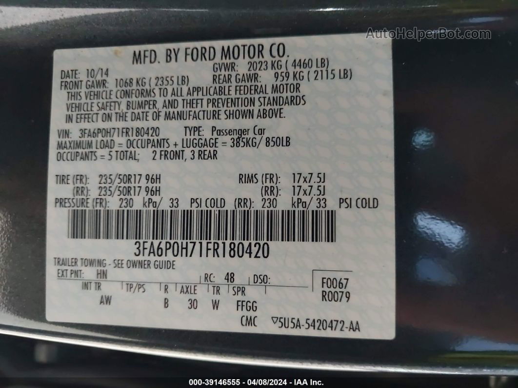 2015 Ford Fusion Se Gray vin: 3FA6P0H71FR180420