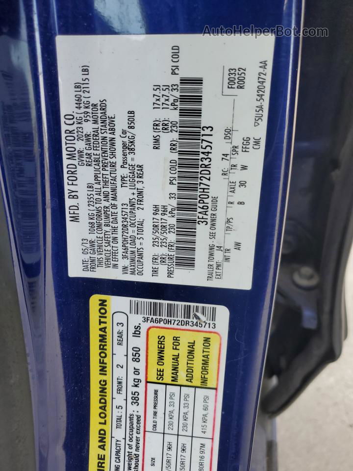 2013 Ford Fusion Se Blue vin: 3FA6P0H72DR345713