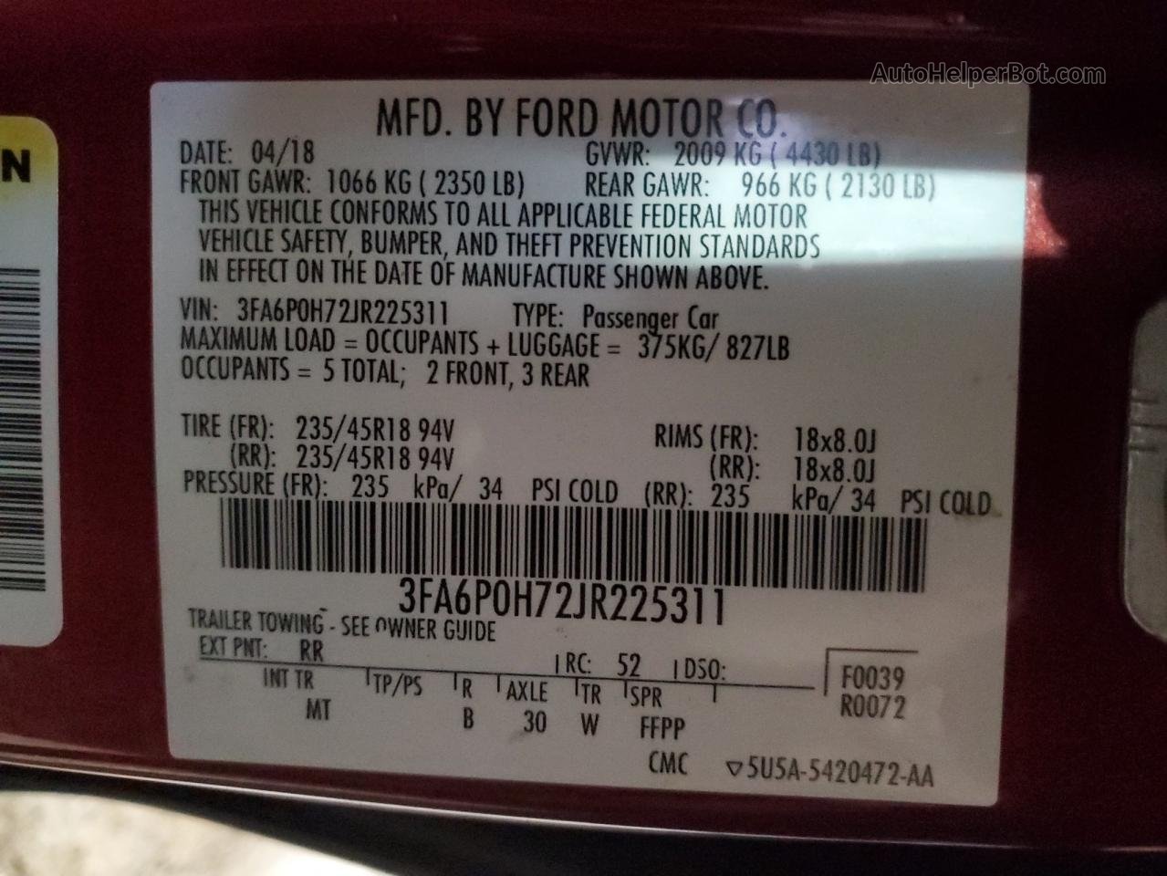 2018 Ford Fusion Se Красный vin: 3FA6P0H72JR225311