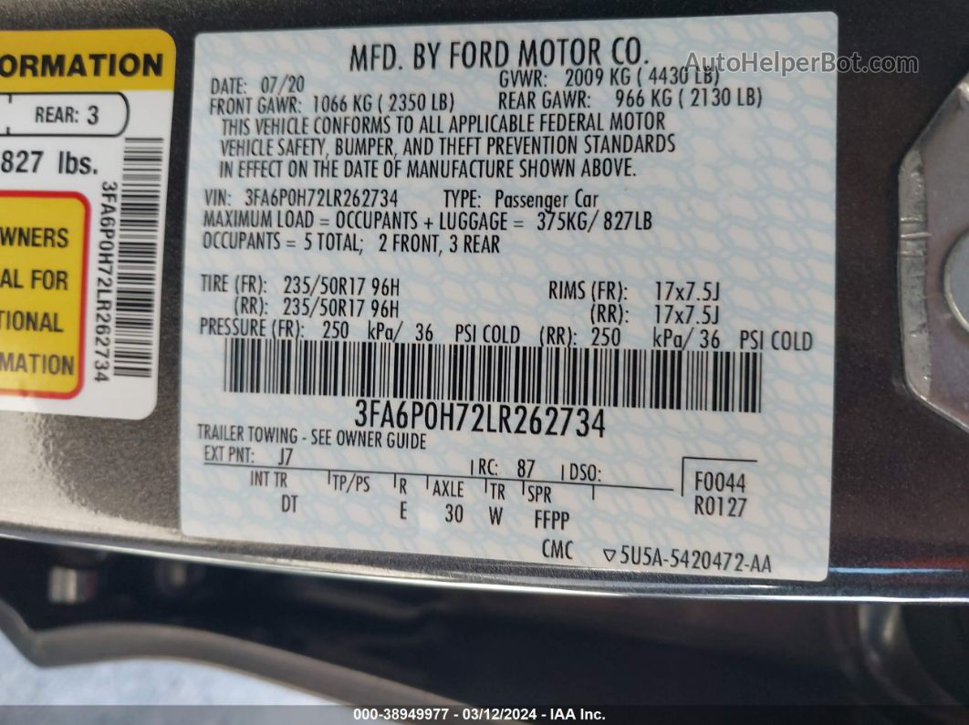 2020 Ford Fusion Se Gray vin: 3FA6P0H72LR262734