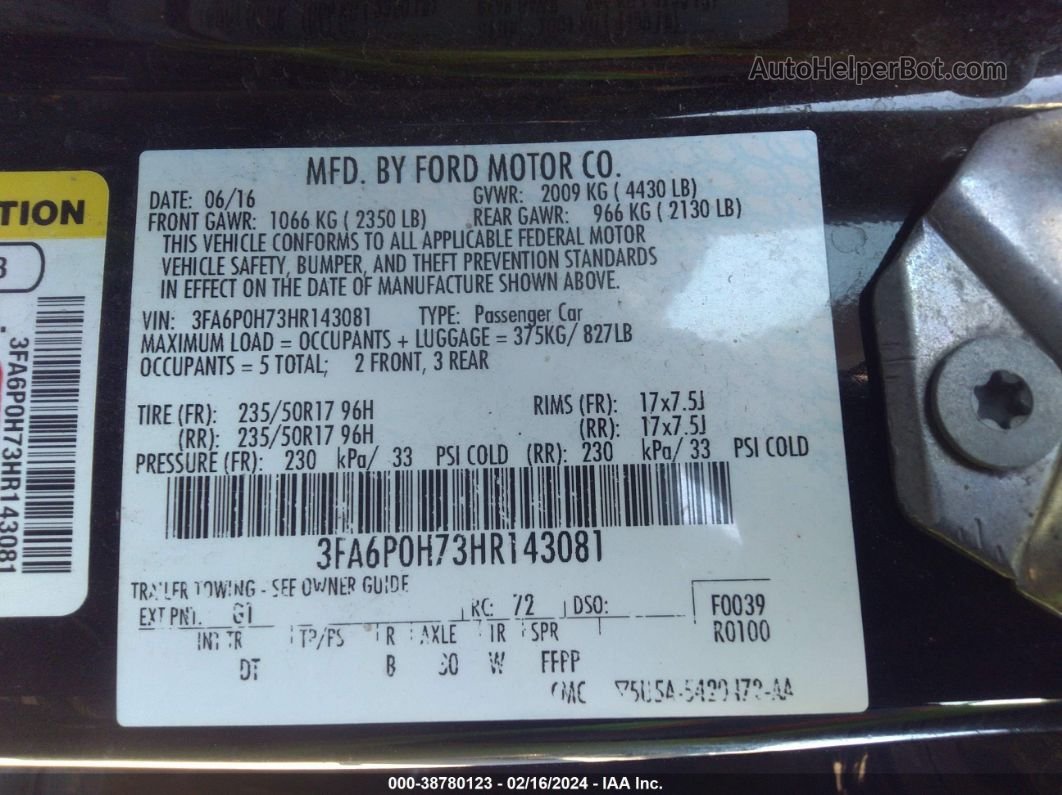 2017 Ford Fusion Se Black vin: 3FA6P0H73HR143081