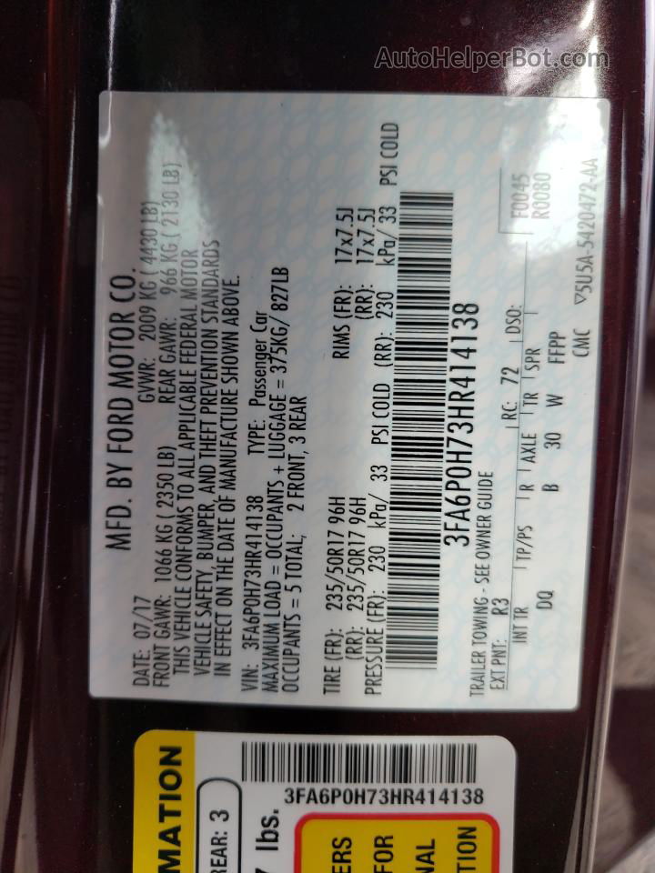 2017 Ford Fusion Se Burgundy vin: 3FA6P0H73HR414138